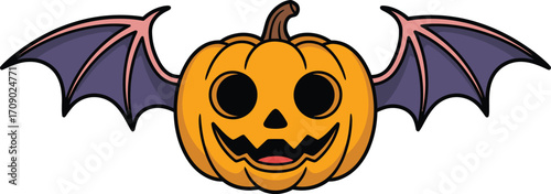 Orange jackolantern with purple bat wings halloween