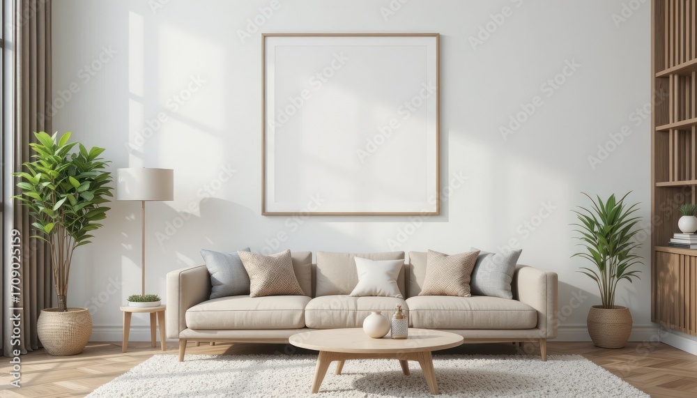 Fototapeta premium Minimalist Interior Design with a Blank Frame, Sofa, Plants and Modern Home Decor