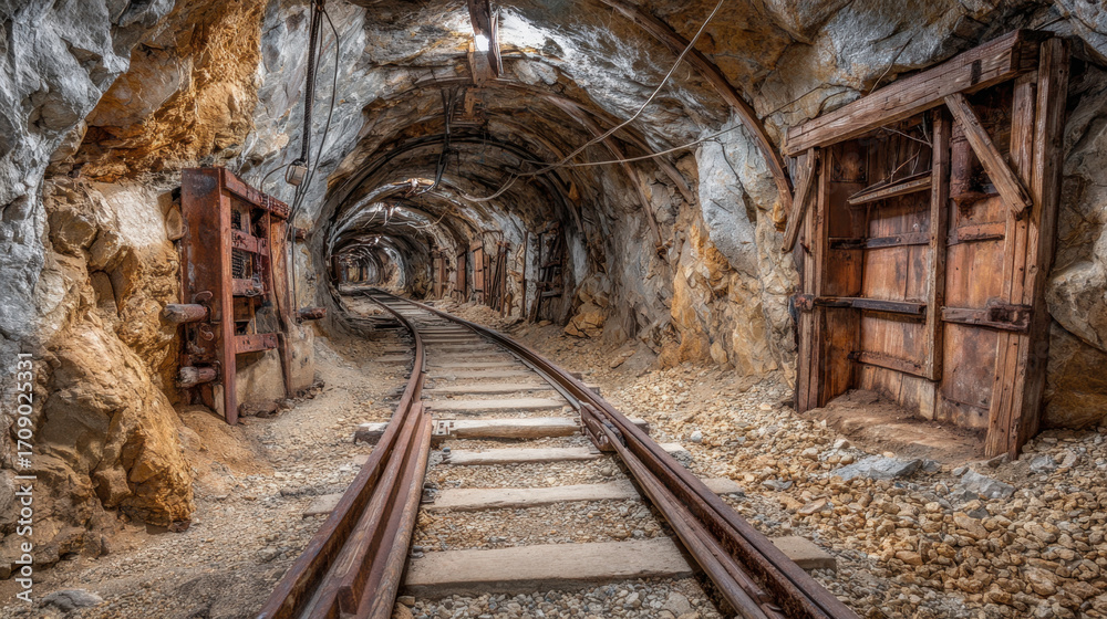 Naklejka premium Dimly lit underground mine tunnel features wooden supports and tracks leading into distance, surrounded by rocky walls. atmosphere evokes sense of history and exploration