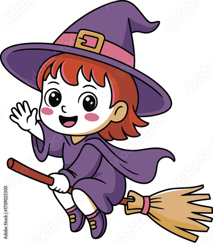 Cartoon witch girl flying on broomstick waving halloween