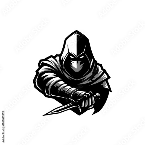 Mysterious Assassin Holding Dagger in Shadowy Hood