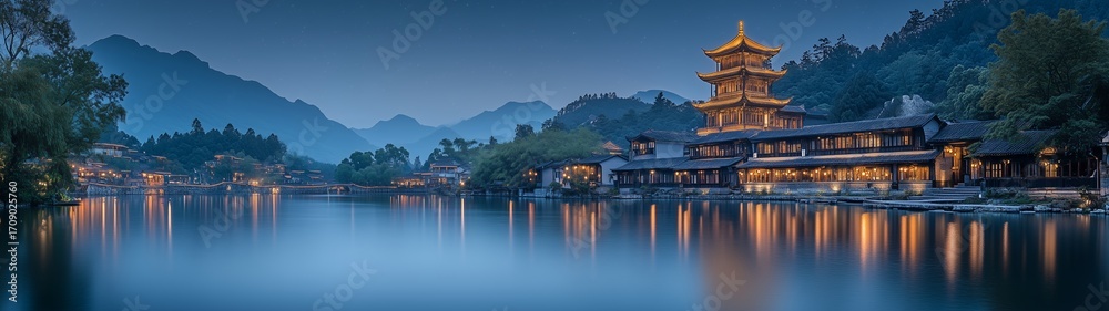 Fototapeta premium Traditional Chinese ancient town night scene, illuminated wooden houses, golden pavilion, mountain valley, river reflection, starry sky