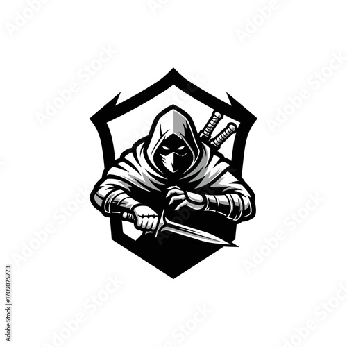 Hooded Ninja Warrior with Dagger and Swords on Shield Emblem