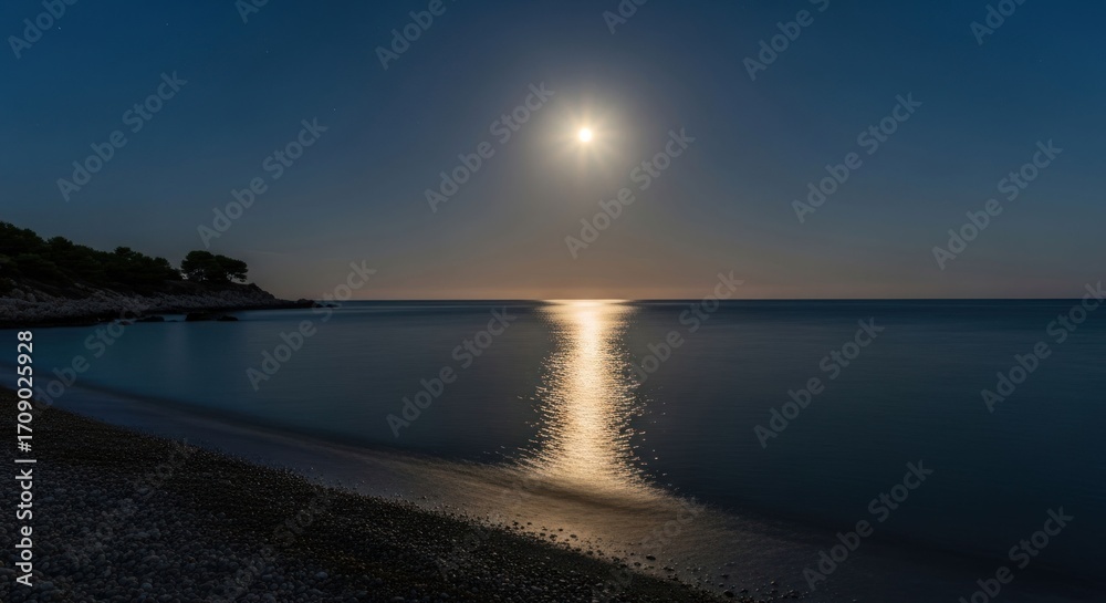 Obraz premium Moonlight reflecting on tranquil ocean beach