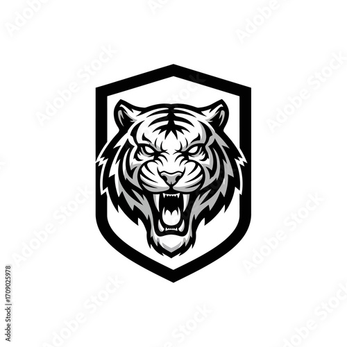 Fierce Tiger Head Logo in Black and White Shield Design