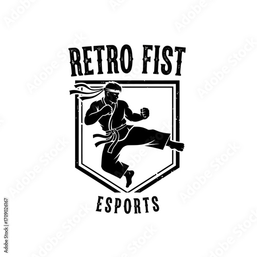 Retro Fist Esports Logo with Martial Arts Fighter