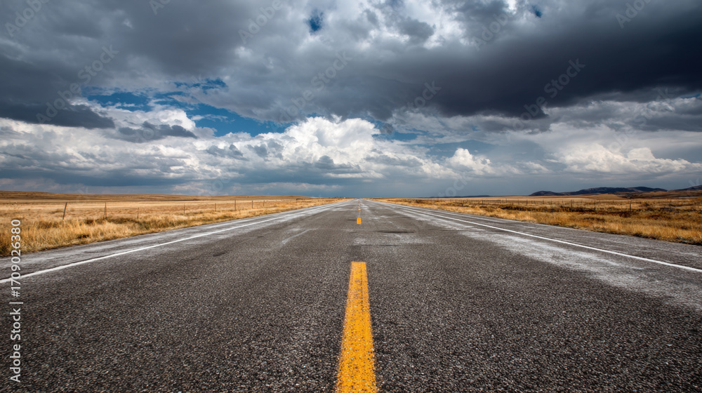 Naklejka premium Long, empty road stretches into distance under dramatic sky filled with clouds. landscape features dry grasslands on either side, creating sense of isolation and adventure