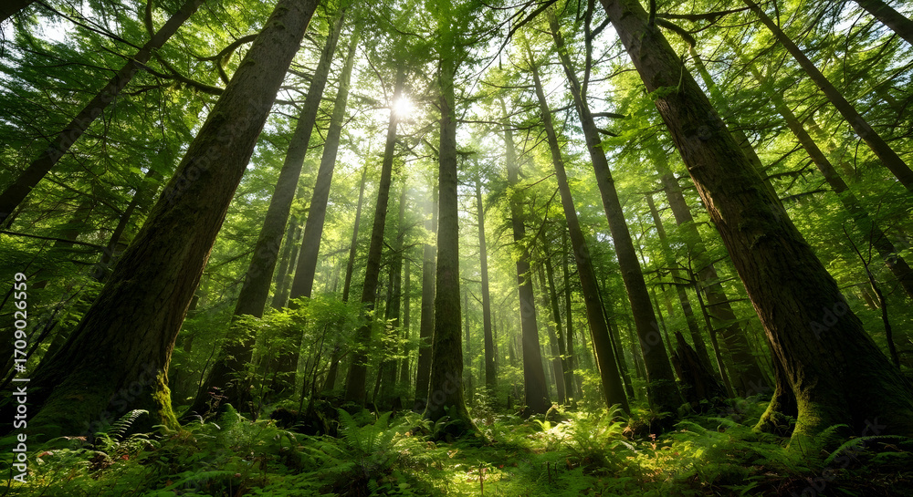Obraz premium 森林の光芒 古木神秘的な緑の森に差し込む太陽の光
