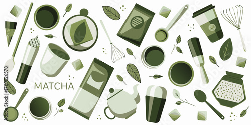 Flat lay illustration of matcha tea preparation tools and ingredients in various shades of green