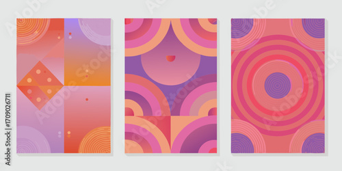 Three abstract geometric compositions with vibrant gradients and circular patterns