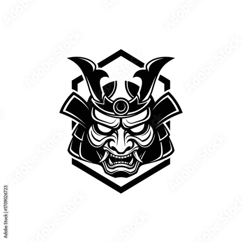 Oni Samurai Mask Logo: Black and White Vector Illustration