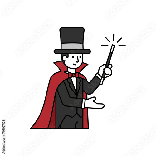 Cartoon Magician with Top Hat, Red Cape, and Magic Wand