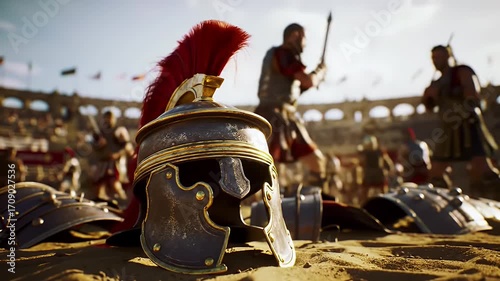 Roman Soldier Helmet with Red Plume on Arena Sand Ground with Fighting Gladiators and Spectators under Bright Sunlight