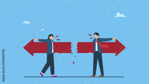 Businessman and businesswoman holding arrow running in opposite position. Different individual way, different business direction or team conflict, opposite decision, contrast or disagreement.
