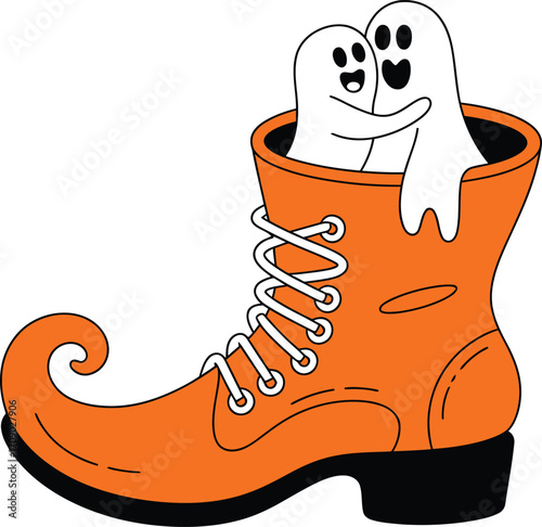 Two white ghosts hugging inside an orange boot halloween