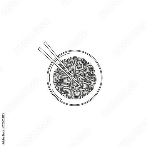 Line Art Illustration of Noodles in a Bowl with Chopsticks