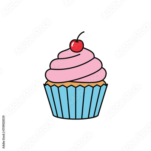 Cartoon Cupcake with Pink Frosting and Cherry Topping