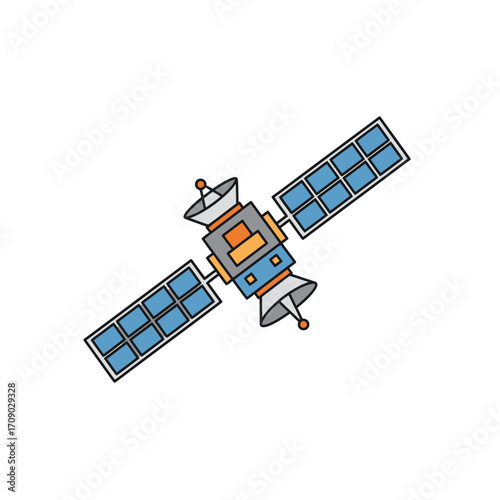 Cartoon Satellite with Solar Panels and Antenna