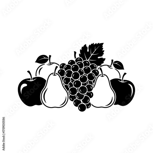 Black and White Illustration of Apples, Pears, and Grapes