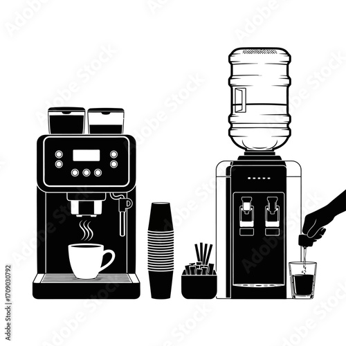 Office Beverage Station with Coffee Machine and Water Cooler