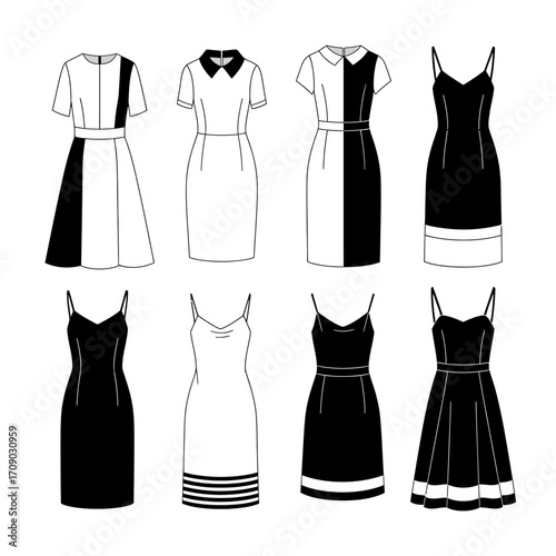 Collection of Eight Stylish Dresses in Black and White