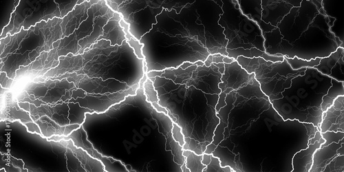 Lightning Strikes Amidst Heavy Rainfall and Dark Storm Clouds. Mesmerizing streaks of vibrant white lightning crackle across the night sky, illuminating the darkness with raw power and fleeting beauty