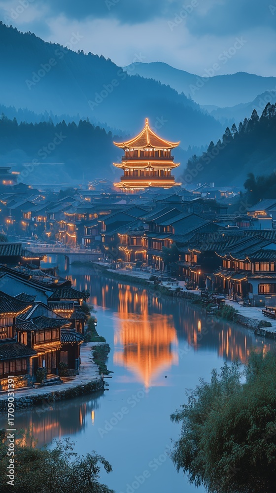 Obraz premium Traditional Chinese ancient town night scene, illuminated wooden houses, golden pavilion, mountain valley, river reflection, starry sky