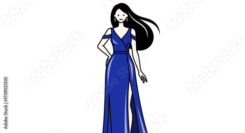 Elegant Woman in Blue Evening Gown Illustration