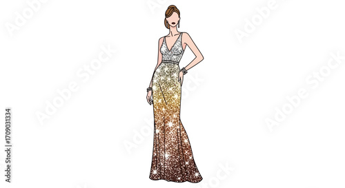 Elegant ombre glitter evening gown design,  long mermaid silhouette, v-neck.