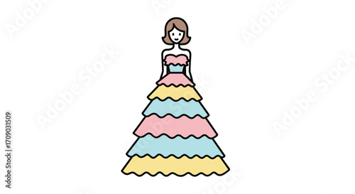 Cartoon Woman in Tiered Pastel Gown Illustration