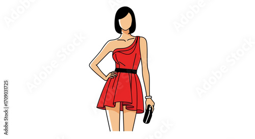 Fashionable Woman in a Red One-Shoulder Mini Dress