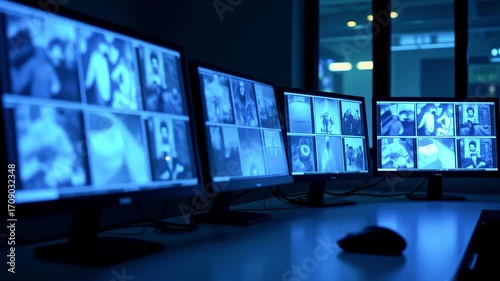 Surveillance monitors displaying various camera feeds in a dimly lit control room, showcasing security