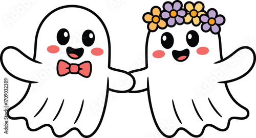 Two cute ghosts holding hands wearing a bow tie and flower crown