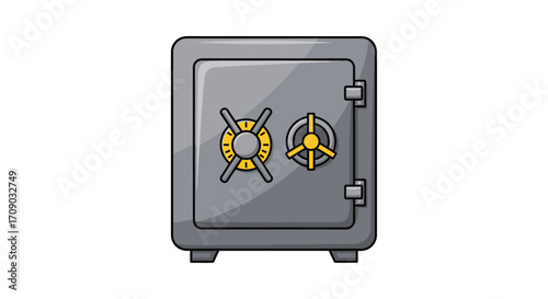 Cartoon illustration of a gray metal safe with yellow combination dials