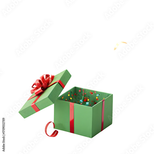 Green Gift Box with Red Ribbon: Festive Celebration, Surprise Present, Holiday Packaging, Open Box, Confetti Explosion on transparent background