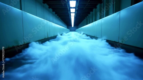 Flowing water creates a dynamic scene in a modern industrial facility with illuminated walls