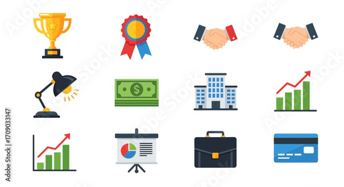Business and Finance Icon Set: Trophy, Award, Handshake, Money, Building, Chart, and More