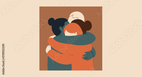 Three People Embracing in a Warm, Supportive Hug Illustration