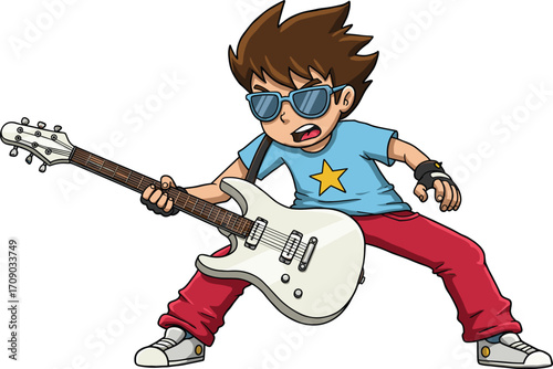 Cartoon boy playing electric guitar, cool kid with sunglasses, energetic music player, rock star pose, youthful musician, casual outfit, animated music performance.