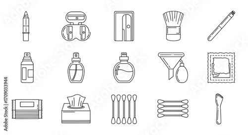 Collection of Line Art Icons: Beauty, Hygiene, and Art Supplies