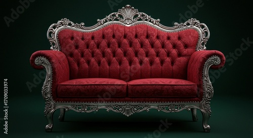 Elegant red couch with ornate silver frame offers luxurious seating with a tufted back and plush cushions against a dark green backdrop.