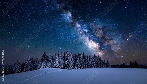 Snowy winter landscape with trees and starry night sky