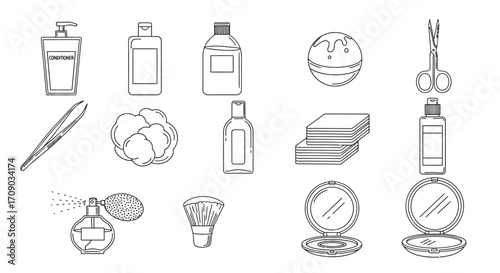 Outlined Beauty and Cosmetic Products Collection Illustration.