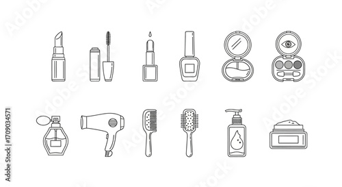 Collection of Black and White Line Art Beauty and Cosmetic Products