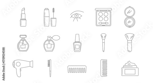 Outline Illustration of Various Beauty and Cosmetic Products