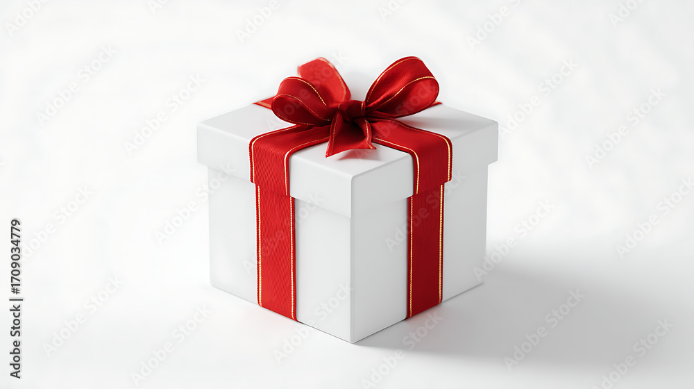 Obraz premium Isolated Christmas gift box mockup on clean white background, wrapped with red ribbon, soft shadows, professional stock photo for advertising and design use.