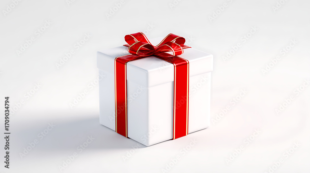 Obraz premium Isolated Christmas gift box mockup on clean white background, wrapped with red ribbon, soft shadows, professional stock photo for advertising and design use.