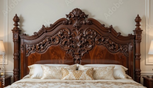 Detailed Carved Wooden Bed Frame with Pillows, Elegant Bedroom Interior Design