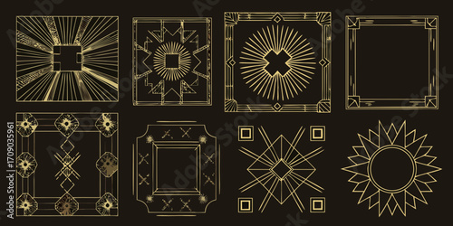 Collection of eight unique art deco style geometric frames and borders in gold on a dark background