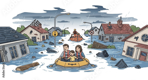 Flood Disaster Vector Illustration with Rescue and Evacuation